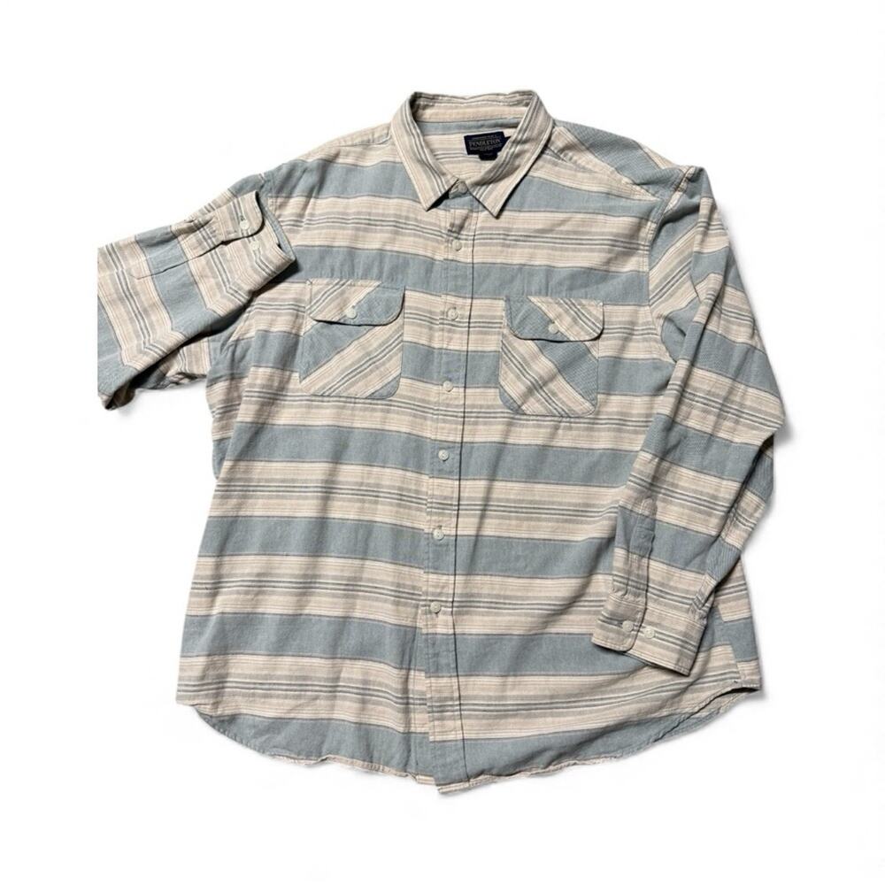 Pendleton 100% Cotton Stripe Flannel Shirt XXL Beige Blue Thick Woven Outdoors